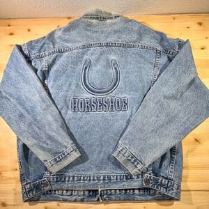 Horseshoe Denim Jacket Embroidered Jacket USA Made XL Distressed y2k‎ Vintage